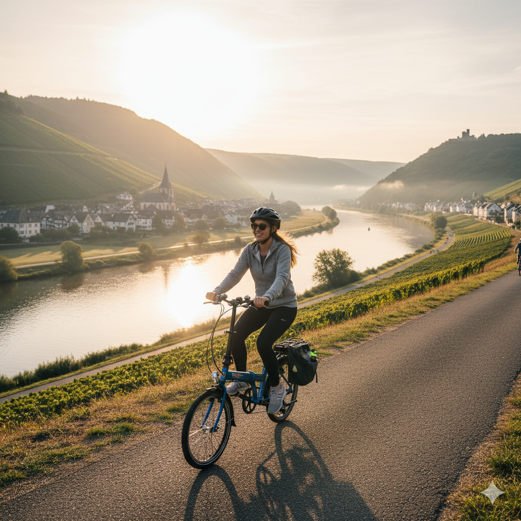 A woman rides a DAHON folding bike along a scenic riverside path at sunrise, with rolling hills and a village in the background.