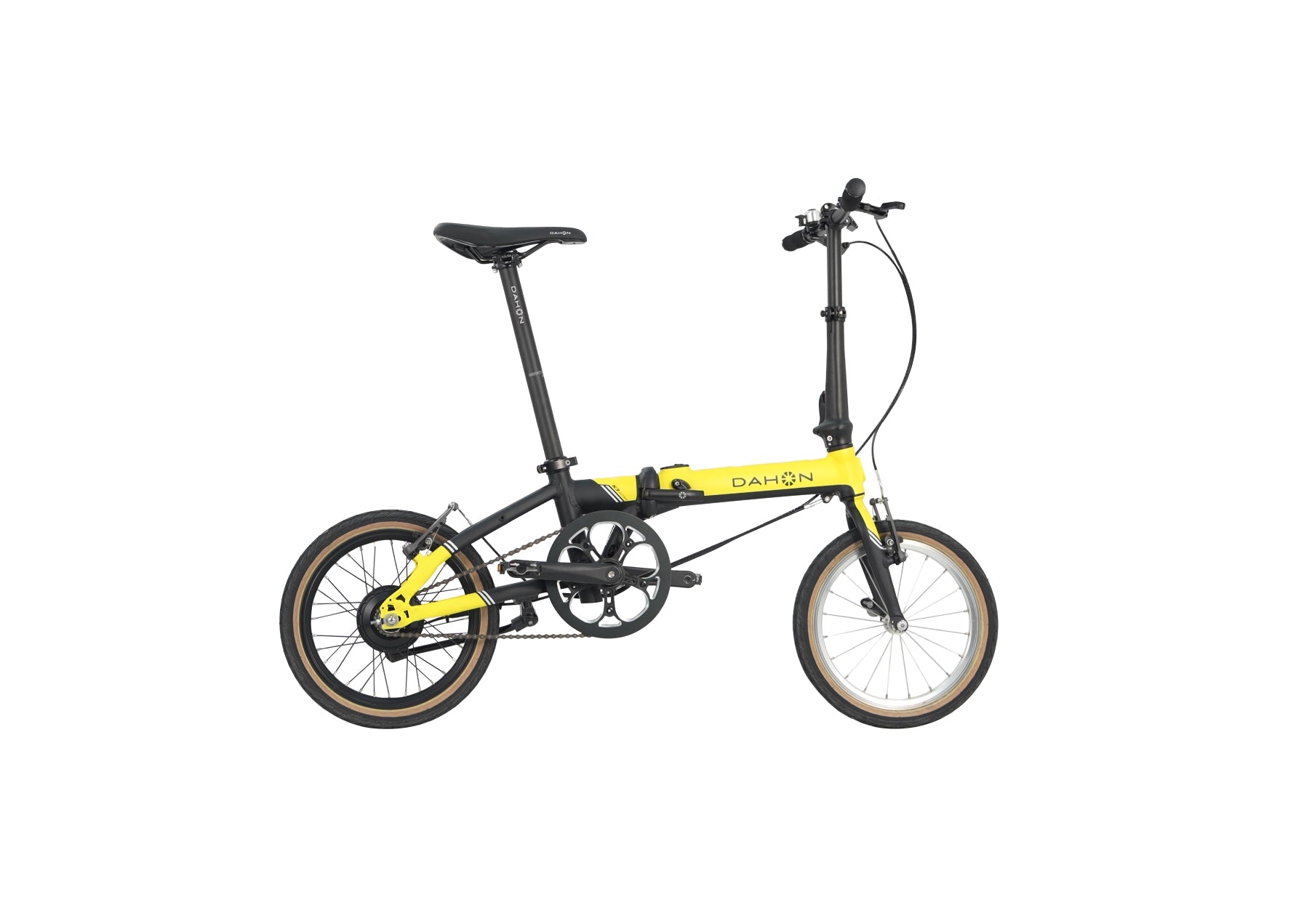 Bright yellow Dahon K-Feather folding e-bike with black accents and tan wheels on a white background. Product appearance.
