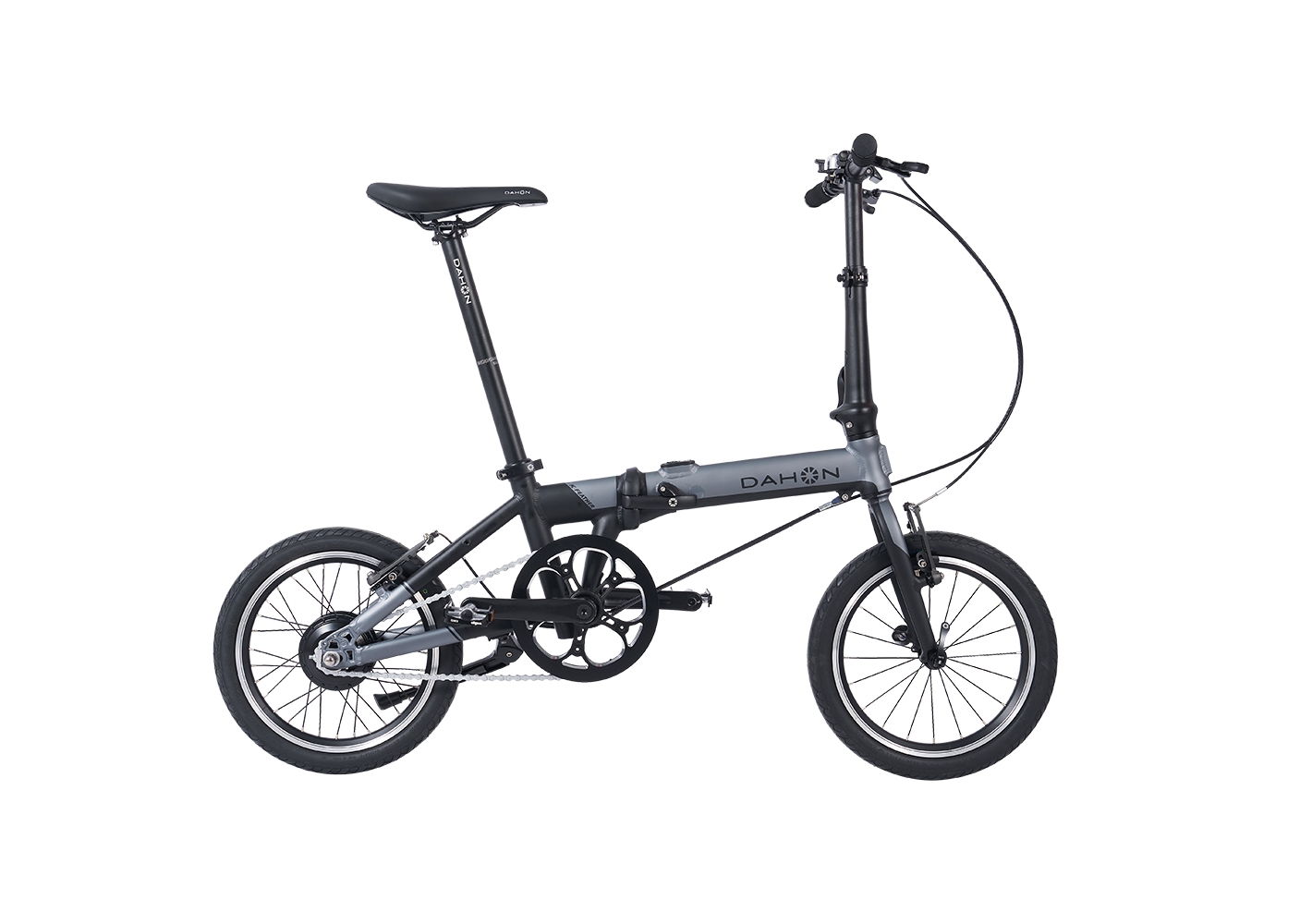 Dark gray Dahon K-Feather folding e-bike showcasing its compact design, ideal for urban commuting.