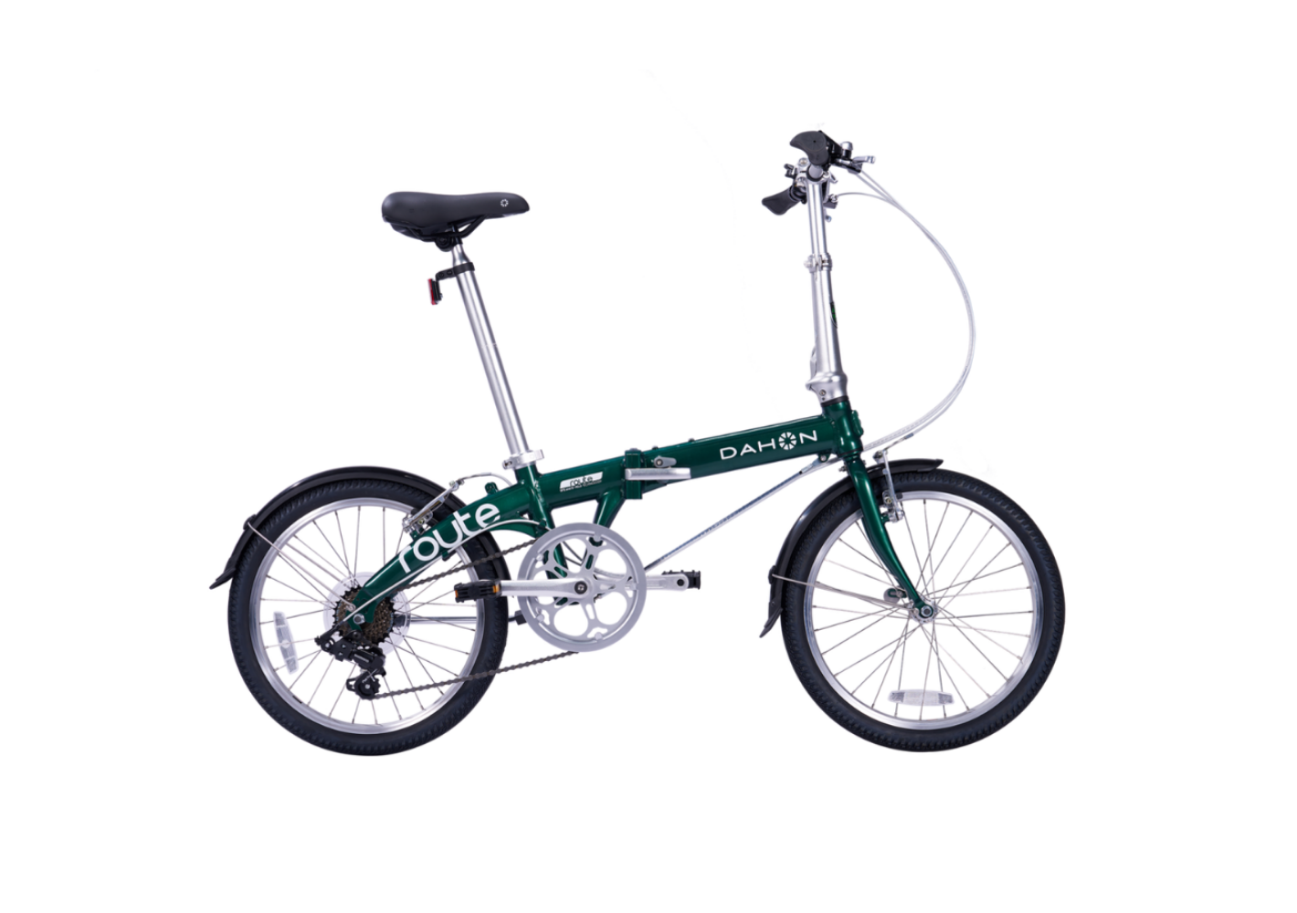 Dark green Dahon Route foldable aluminum bicycle with fenders and multi-gear system on white background.