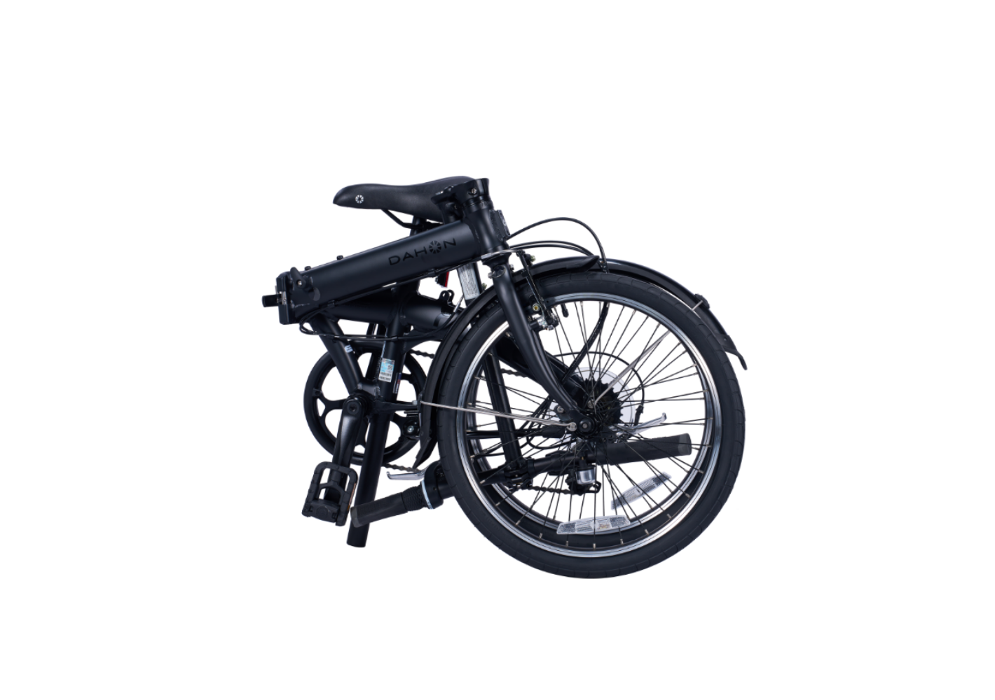 Matte black Dahon Route foldable bicycle, aluminum frame, folded for display.