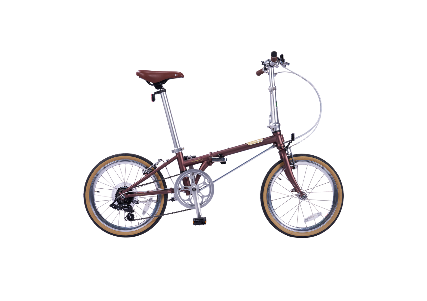 Boardwalk D7-20 inch folding bicycle, vintage brown with leather seat and tan tires, showcasing product appearance.