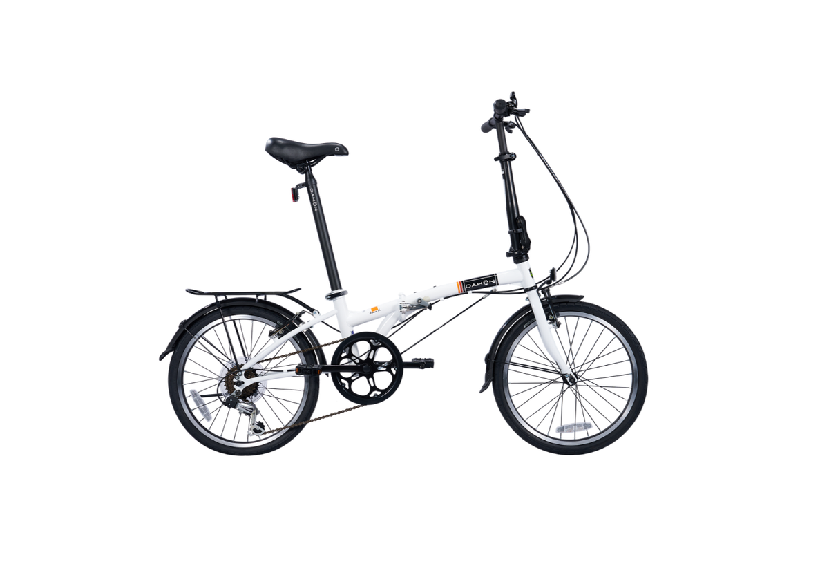 White DAHON Dream D6 6-speed folding bike with black fenders and seat, silver spokes.