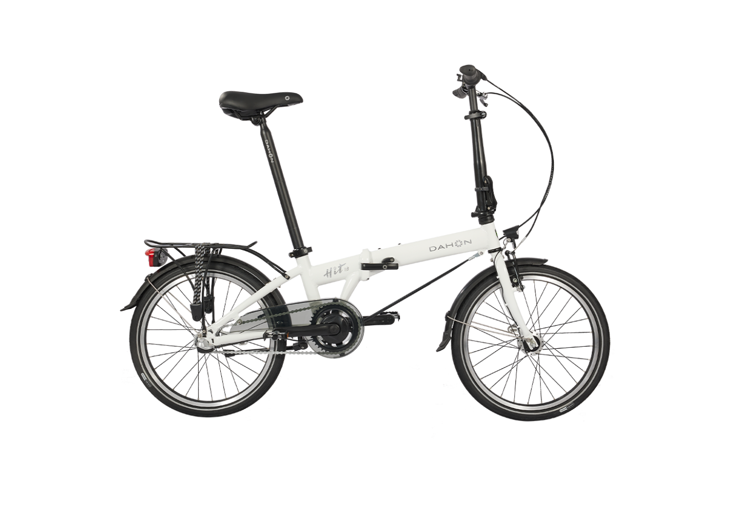 White Dahon HIT i3 folding bike with black seat, handlebars, and tires. Features rear rack and fender. Ideal for urban rides.