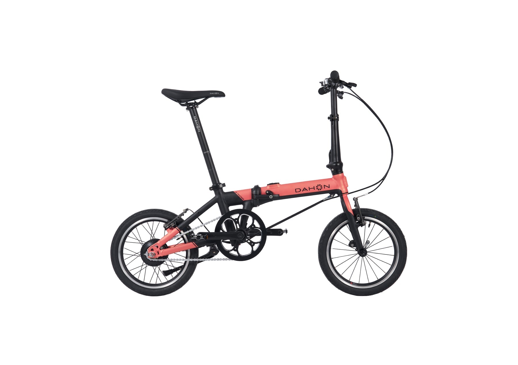 Coral pink Dahon K-Feather folding e-bike with black accents on white background, product appearance.