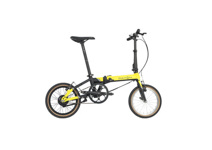 Bright yellow Dahon K-Feather folding e-bike with black accents and tan wheels on a white background. Product appearance.