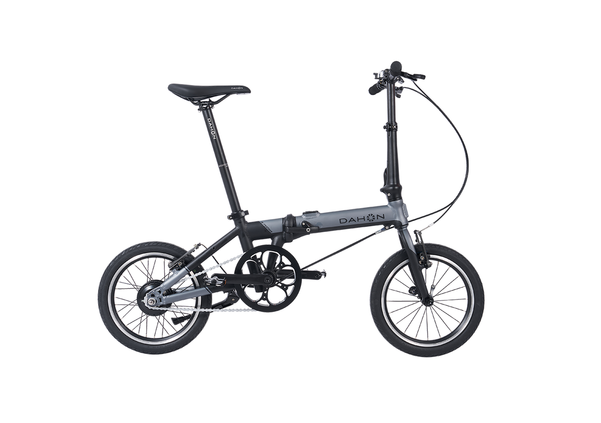 Dark gray Dahon K-Feather folding e-bike showcasing its compact design, ideal for urban commuting.