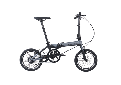 Dark gray Dahon K-Feather folding e-bike showcasing its compact design, ideal for urban commuting.