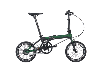 Ultra-lightweight dark green and black Dahon K-Feather folding e-bike with compact frame and small wheels.