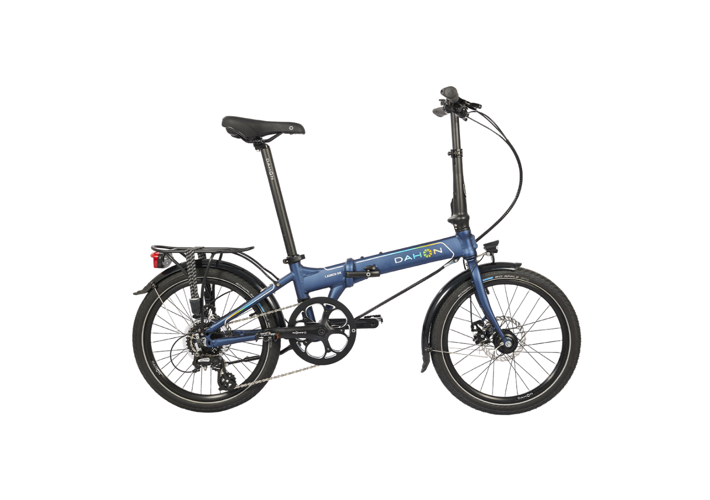 Blue Dahon Launch D8 folding bicycle with disc brakes and rear rack, showcasing product appearance.