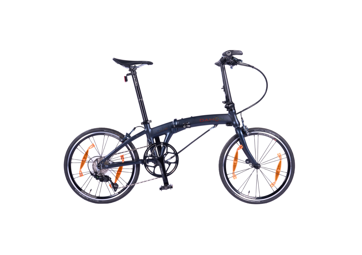 Mu Pro Dahon dark gray lightweight urban commuter folding bike with orange reflectors and red taillight.