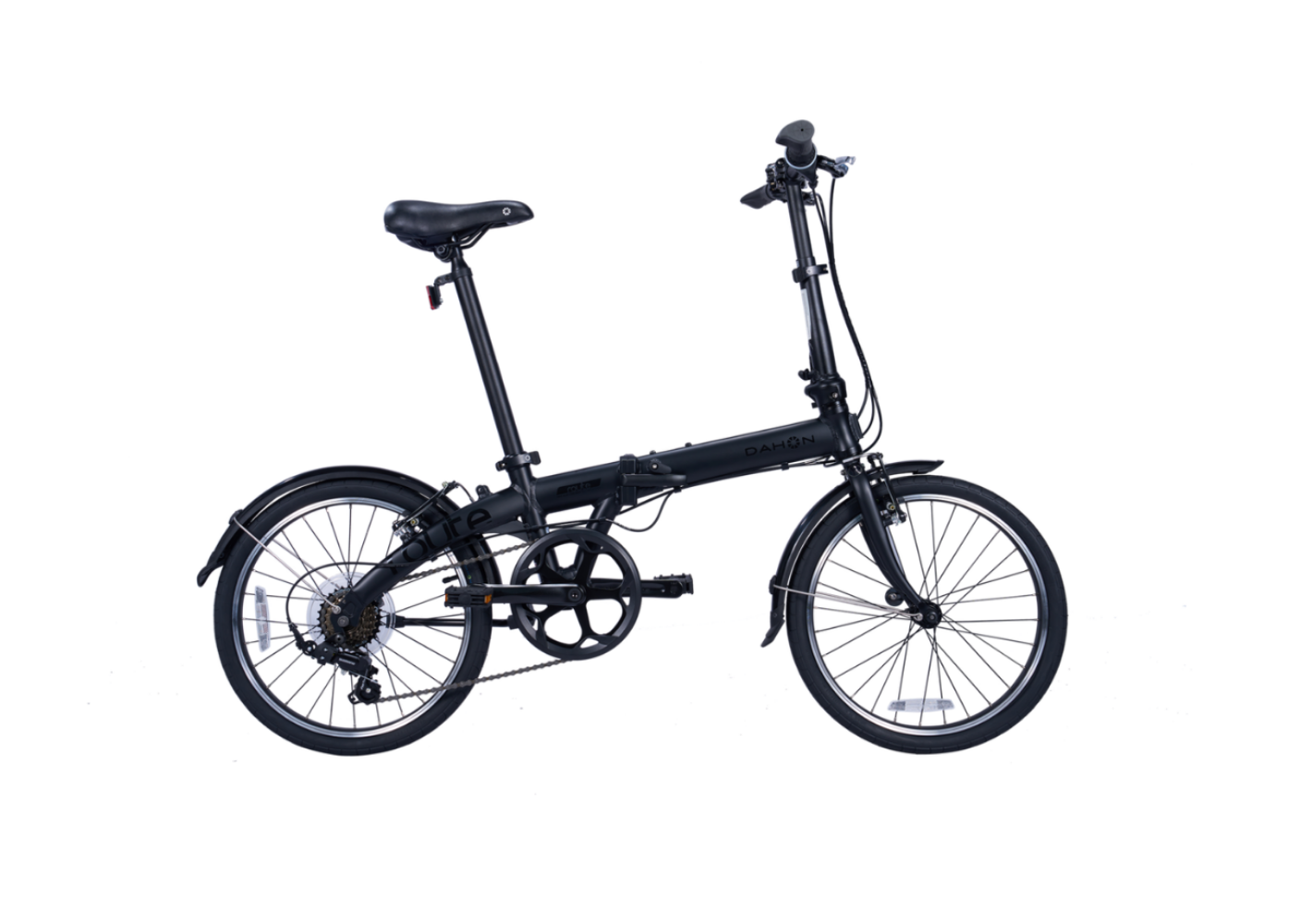 Matte black Dahon Route foldable bicycle with aluminum frame, fenders, and multi-gear system.