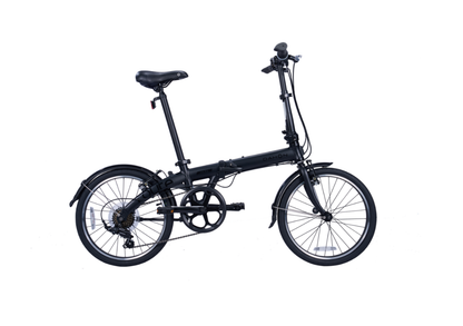 Matte black Dahon Route foldable bicycle with aluminum frame, fenders, and multi-gear system.