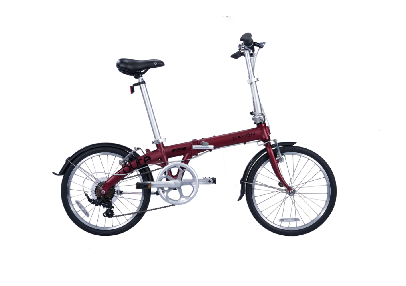 Metallic red Dahon foldable bicycle with aluminum frame, fenders, and multi-gear system.