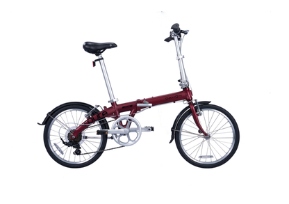 Metallic red Dahon foldable bicycle with aluminum frame, fenders, and multi-gear system.