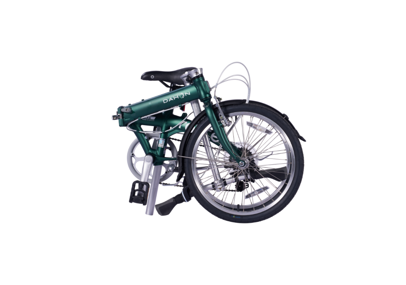Dark green Dahon foldable Route bicycle, aluminum frame, folded for display.