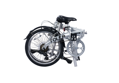 Silver Route foldable aluminum bicycle with black saddle, fenders, and multi-gear system in folded state.