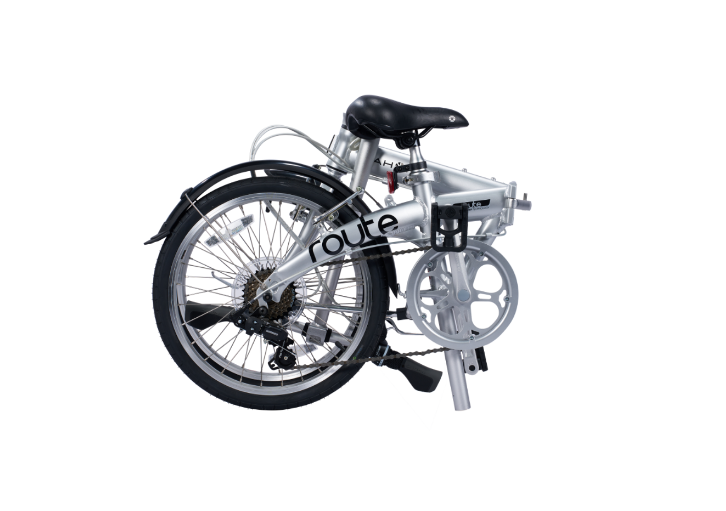 Silver Route foldable aluminum bicycle with black saddle, fenders, and multi-gear system in folded state.
